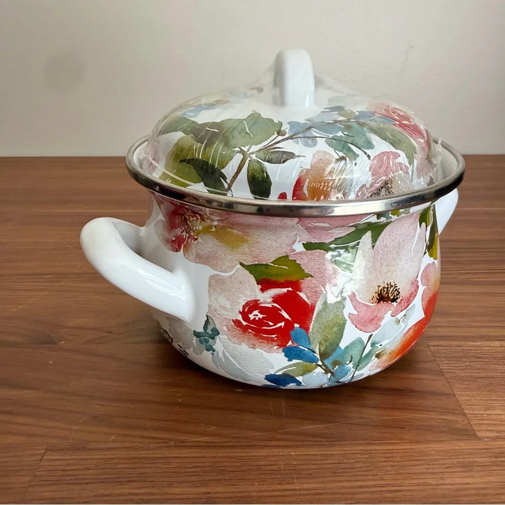 Brand New Crofton 1 Quart Mini Dutch Oven / Casserole Pot - Bright Floral Enamel